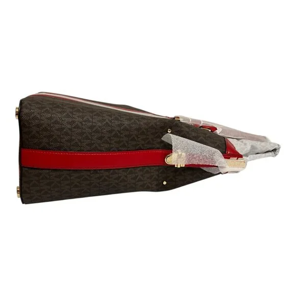 Michael Kors Bedford Travel Large Logo Stripe Dome Tote Bag Red NEW - Picture 6 of 7